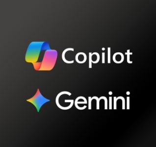 LG OLED evo AI G6 con el galardonado Multi AI webOS se presenta sobre un fondo oscuro con los logotipos de Microsoft Copilot y Google Gemini, lo que indica compatibilidad con servicios relacionados con IA accesibles a través de la interfaz del televisor.